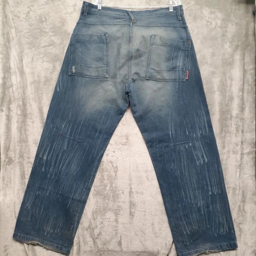 Guess Red Label Mens Denim Button Fly Wide Leg Distressed Size 38x34 Y2K Grunge